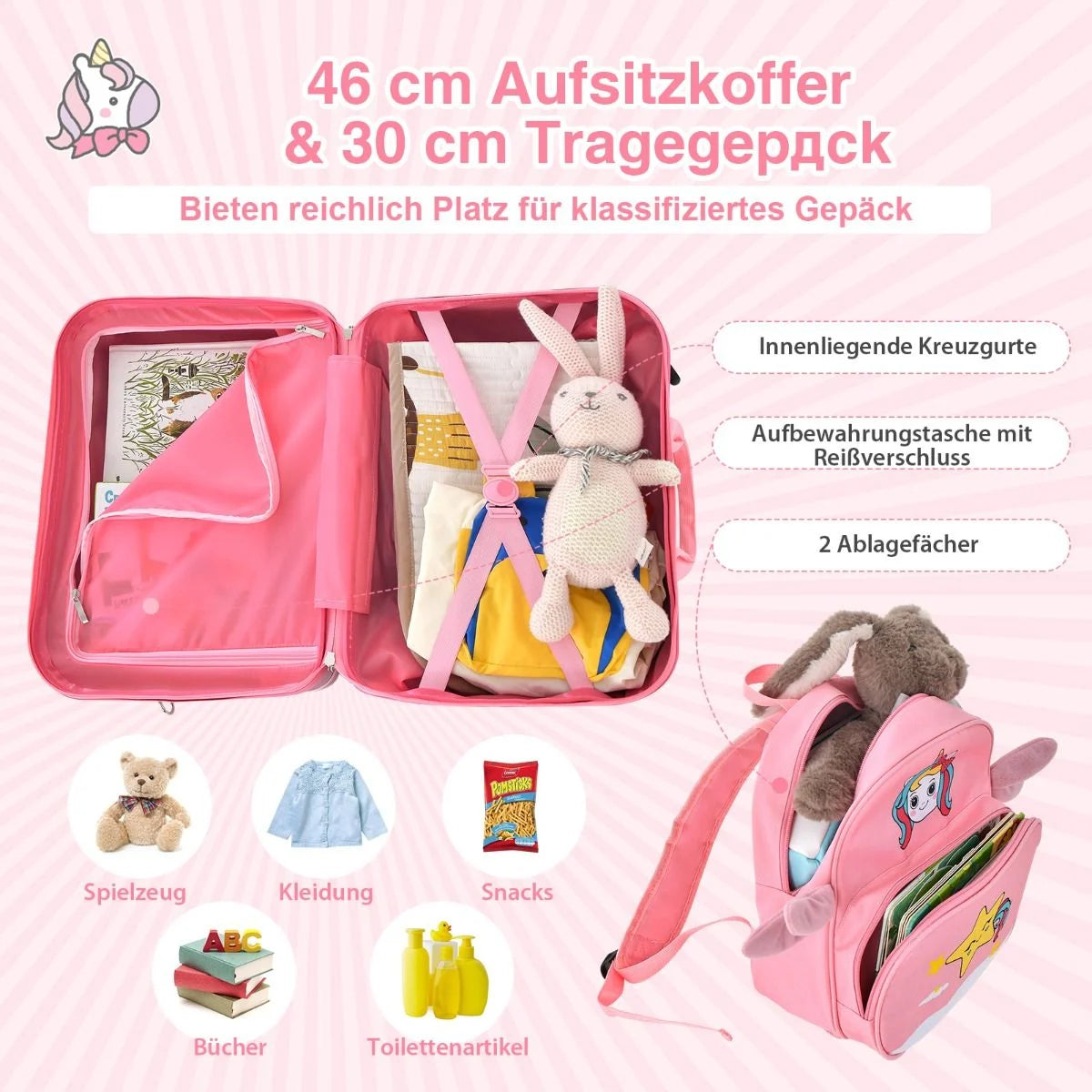 2Tlg Kinderkoffer + Rucksack 47 Cm Langer Aufsitzkoffer Und 30 Cm Breiter Rucksack 12"+18"