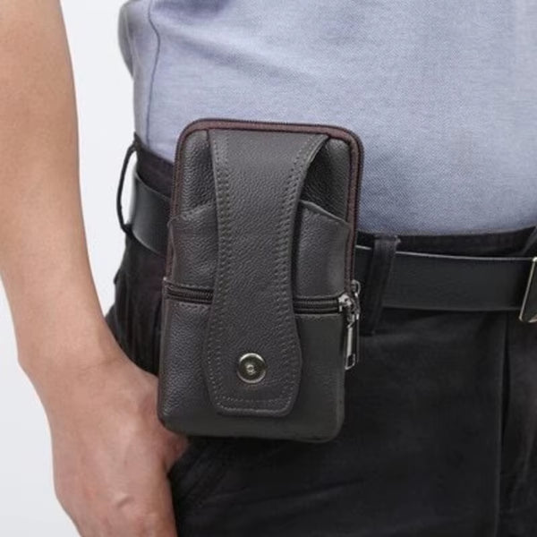 Men Leather Waist Bag Large Capacity Belt Bag Brown Shoulder Bags Crossbody Bags Multi Layer Buckle Mobile Phone Bag Bum Pouch