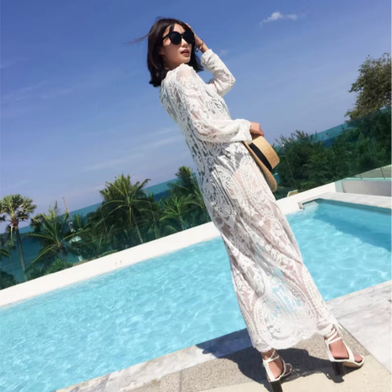 2022 Dress Beach White Lace Summer Maxi Dress Women Long Sleeve Beach Cover up Sexy See through Boho Bikini Beachwear Cover-Ups