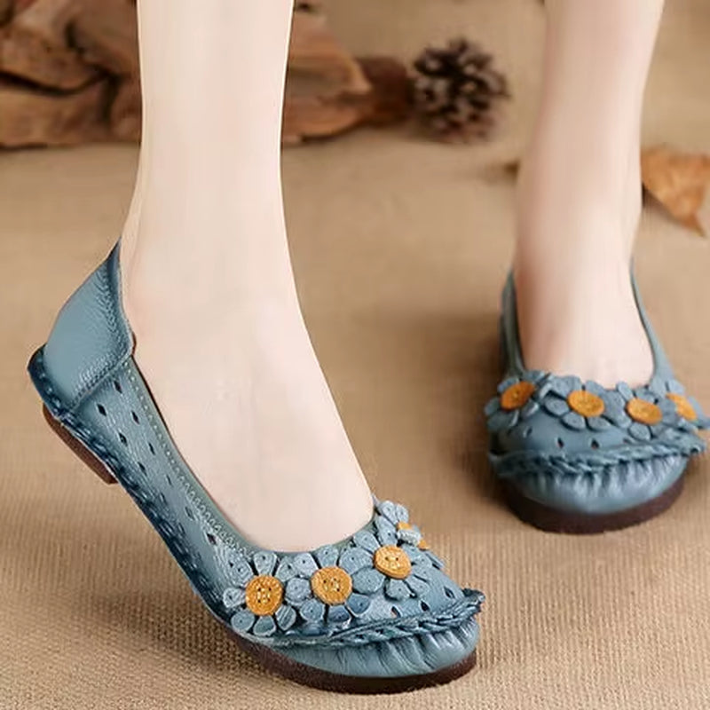 Blue Mom Casual Flats Woman Soft Floral Oxford Shoes for Women Summer Genuine Leather Shoes Ladies Handmade Sewing Flats