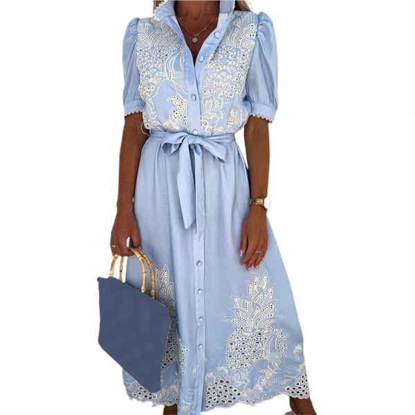 Lace-Up Women Shirt Dress 2024 Summer Elegant Single Breasted Puff Sleeve Maxi Dress Vestidos Bohemian Sundress Party Robe