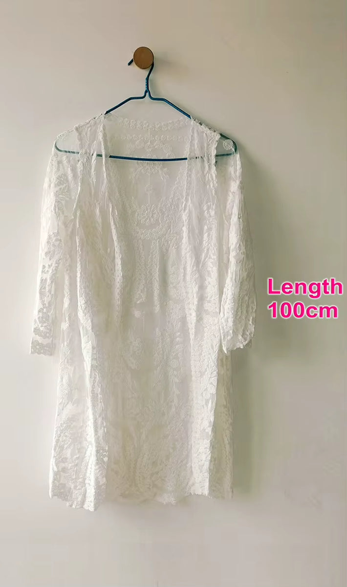 2022 Dress Beach White Lace Summer Maxi Dress Women Long Sleeve Beach Cover up Sexy See through Boho Bikini Beachwear Cover-Ups