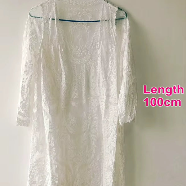 2022 Dress Beach White Lace Summer Maxi Dress Women Long Sleeve Beach Cover up Sexy See through Boho Bikini Beachwear Cover-Ups