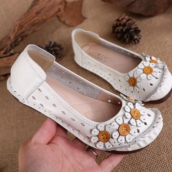 Blue Mom Casual Flats Woman Soft Floral Oxford Shoes for Women Summer Genuine Leather Shoes Ladies Handmade Sewing Flats