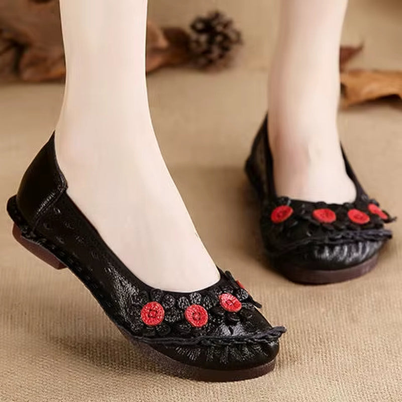 Blue Mom Casual Flats Woman Soft Floral Oxford Shoes for Women Summer Genuine Leather Shoes Ladies Handmade Sewing Flats