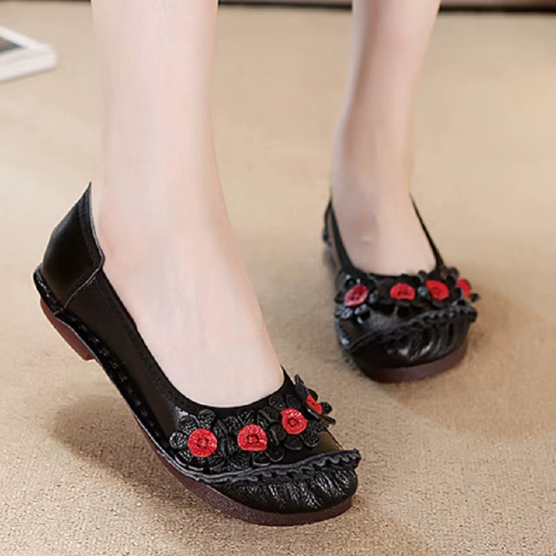 Blue Mom Casual Flats Woman Soft Floral Oxford Shoes for Women Summer Genuine Leather Shoes Ladies Handmade Sewing Flats
