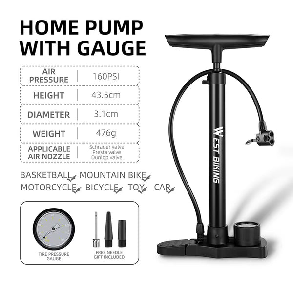 Bicycle Pump 160PSI Portable Stainless Steel Bike Pump Schrader Presta Valve Inflator Mountain Road Bike Accessories