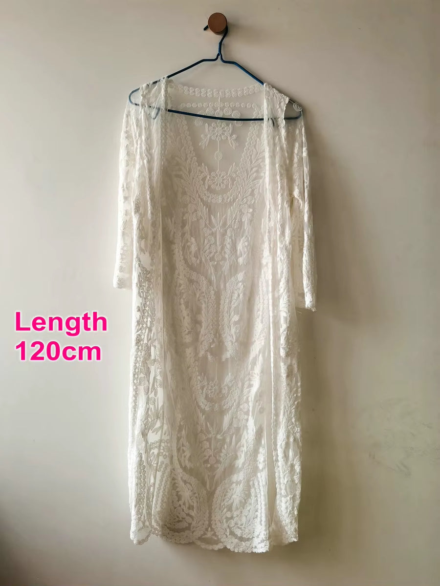 2022 Dress Beach White Lace Summer Maxi Dress Women Long Sleeve Beach Cover up Sexy See through Boho Bikini Beachwear Cover-Ups