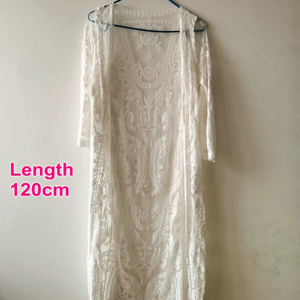 2022 Dress Beach White Lace Summer Maxi Dress Women Long Sleeve Beach Cover up Sexy See through Boho Bikini Beachwear Cover-Ups