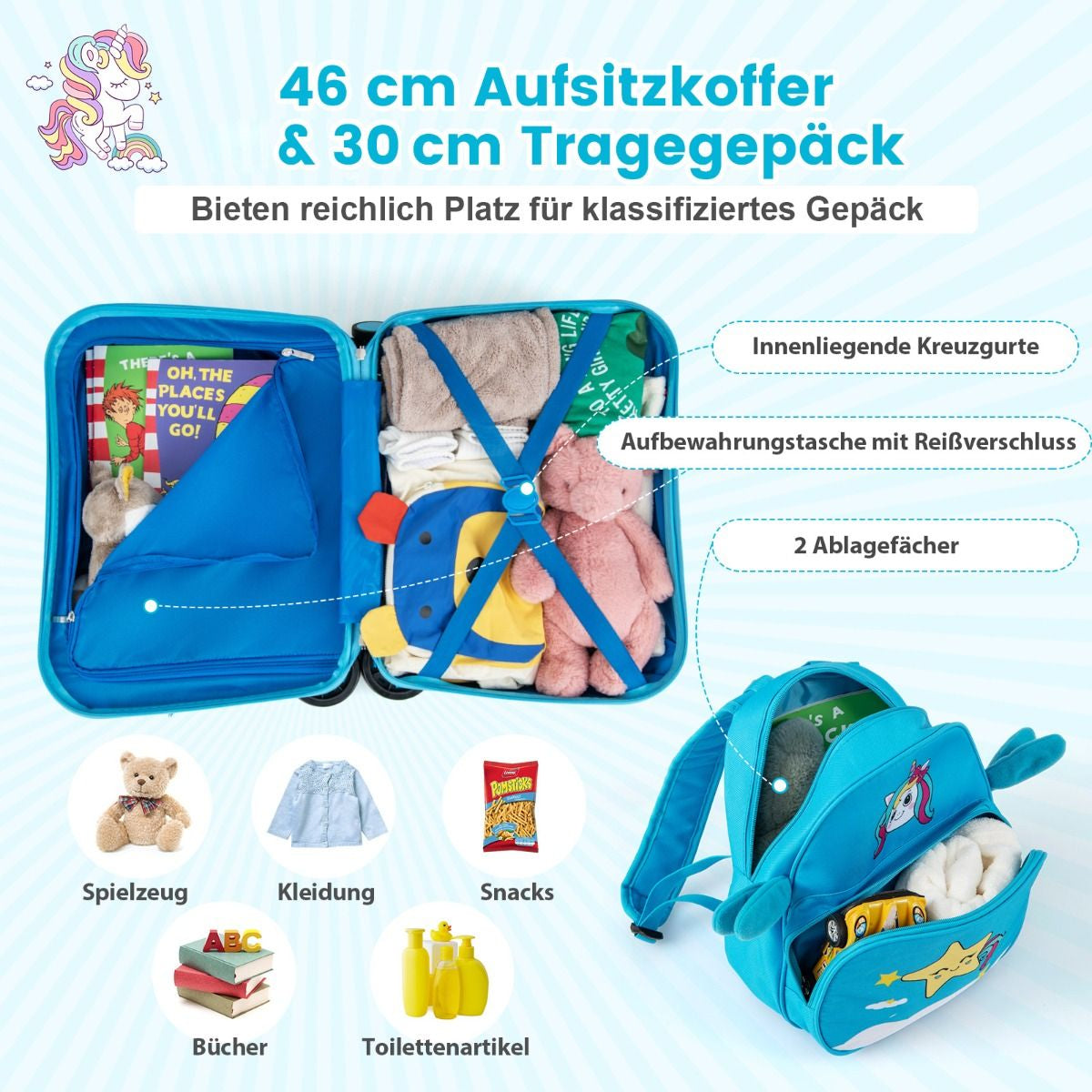 2Tlg Kinderkoffer + Rucksack 47 Cm Langer Aufsitzkoffer Und 30 Cm Breiter Rucksack 12"+18"