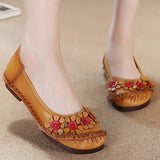 Blue Mom Casual Flats Woman Soft Floral Oxford Shoes for Women Summer Genuine Leather Shoes Ladies Handmade Sewing Flats