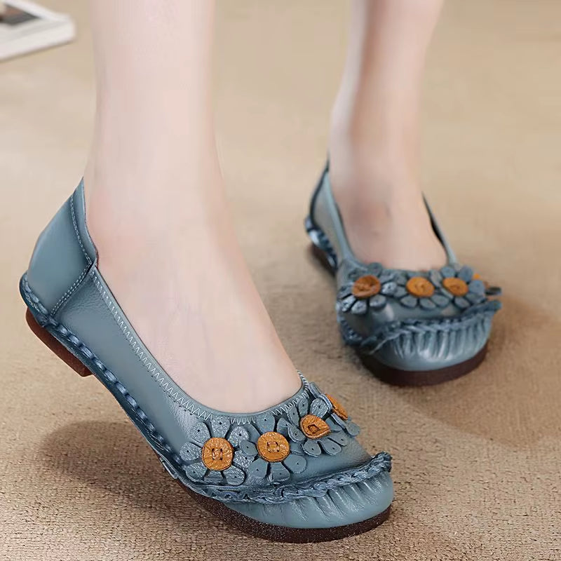 Blue Mom Casual Flats Woman Soft Floral Oxford Shoes for Women Summer Genuine Leather Shoes Ladies Handmade Sewing Flats