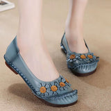 Blue Mom Casual Flats Woman Soft Floral Oxford Shoes for Women Summer Genuine Leather Shoes Ladies Handmade Sewing Flats