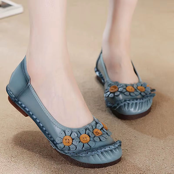 Blue Mom Casual Flats Woman Soft Floral Oxford Shoes for Women Summer Genuine Leather Shoes Ladies Handmade Sewing Flats