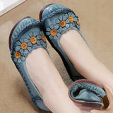 Blue Mom Casual Flats Woman Soft Floral Oxford Shoes for Women Summer Genuine Leather Shoes Ladies Handmade Sewing Flats