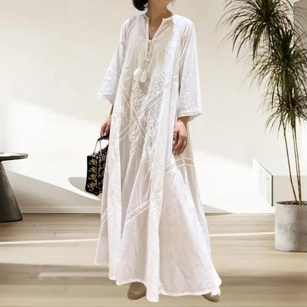 Summer Spring Women Dress Lace-Up Strap Tassel A-Line Dress Loose Retro Long Sleeves Flower Embroidery V Neck Beach Maxi Dress