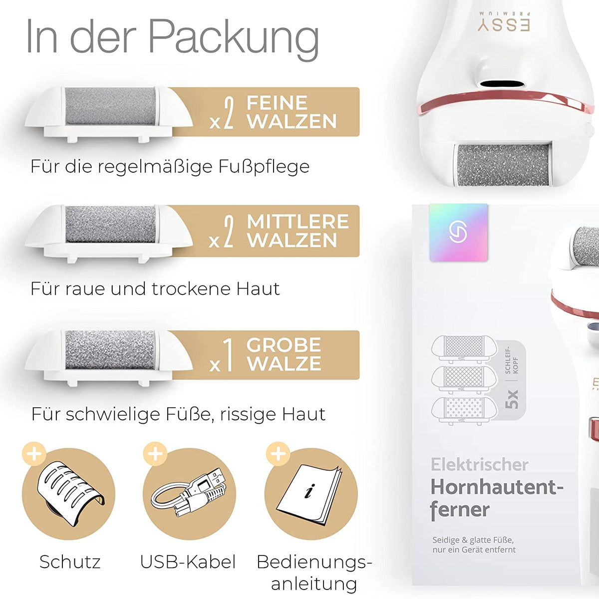 Essy Hornhautentferner Elektrisch Testsieger Mit 5 Ersatzrollen Hornhaut Entfernen Elektrischer Hornhautentferner Fußpflegegerät Pediküre Set Elektronisch Fußpflege Hornhautfeile (White)