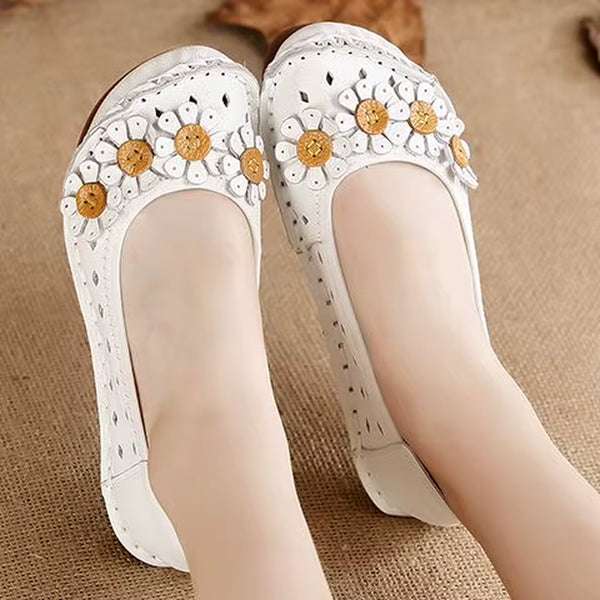 Blue Mom Casual Flats Woman Soft Floral Oxford Shoes for Women Summer Genuine Leather Shoes Ladies Handmade Sewing Flats