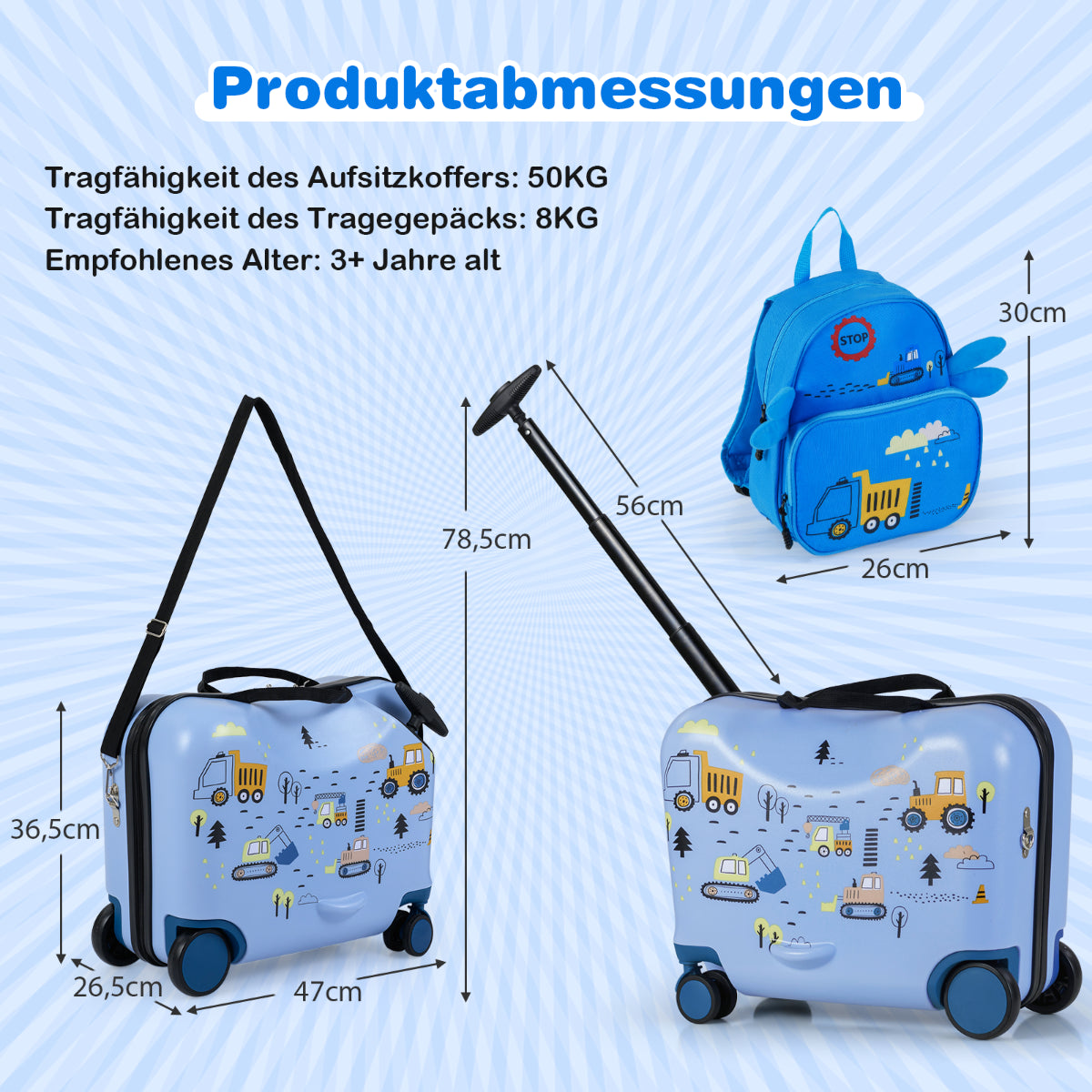 2Tlg Kinderkoffer + Rucksack 47 Cm Langer Aufsitzkoffer Und 30 Cm Breiter Rucksack 12"+18"