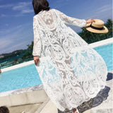 2022 Dress Beach White Lace Summer Maxi Dress Women Long Sleeve Beach Cover up Sexy See through Boho Bikini Beachwear Cover-Ups