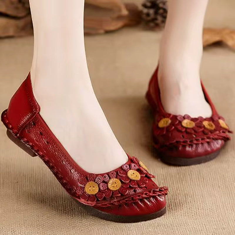 Blue Mom Casual Flats Woman Soft Floral Oxford Shoes for Women Summer Genuine Leather Shoes Ladies Handmade Sewing Flats