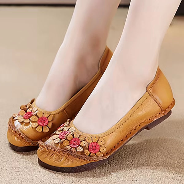 Blue Mom Casual Flats Woman Soft Floral Oxford Shoes for Women Summer Genuine Leather Shoes Ladies Handmade Sewing Flats