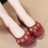 Blue Mom Casual Flats Woman Soft Floral Oxford Shoes for Women Summer Genuine Leather Shoes Ladies Handmade Sewing Flats