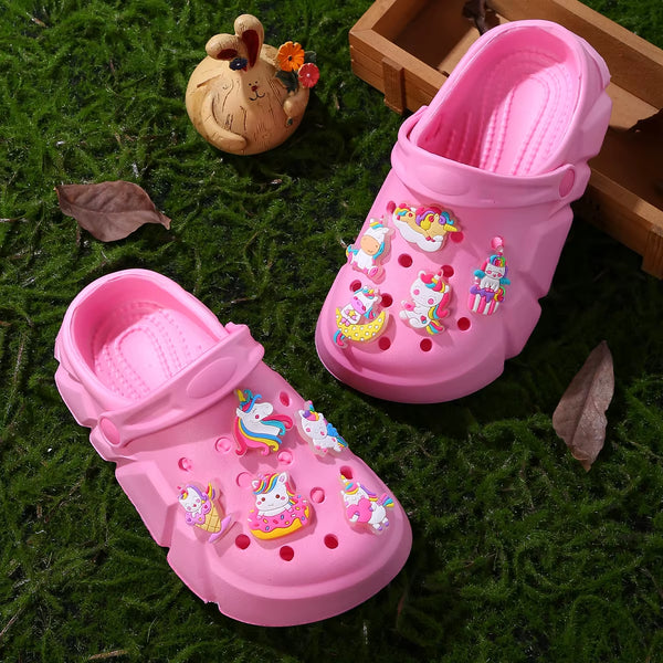 Girls Trendy Comfortable Clogs with Luminous Cartoon Unicorn Charms, Breathable Non-Slip Clogs for Indoor Outdoor Beach Pool